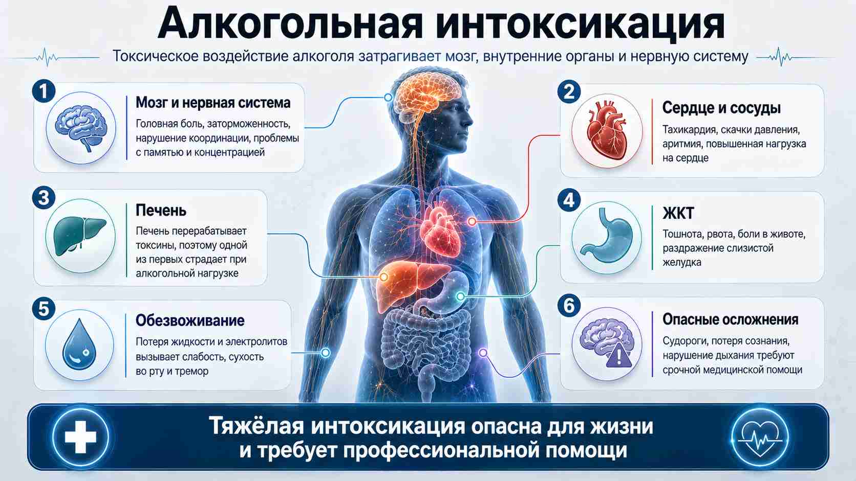 Алкогольная интоксикация — токсическое воздействие алкоголя на организм Медицинская инфографика об алкогольной интоксикации: влияние алкоголя на мозг, сердце, печень, ЖКТ, нервную систему и риск опасных осложнений.