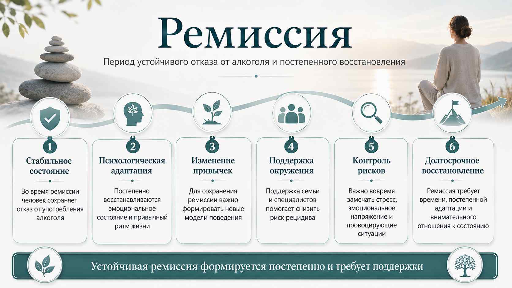 Ремиссия — период устойчивого отказа от алкоголя и постепенного восстановления Инфографика о ремиссии при алкогольной зависимости: стабильное состояние, психологическая адаптация, изменение привычек, поддержка окружения, контроль рисков и долгосрочное восстановление..