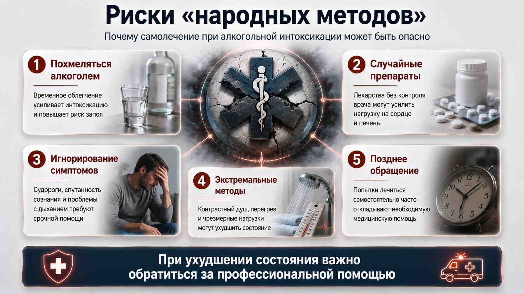 Риски «народных методов» — почему самолечение при алкогольной интоксикации может быть опасно Инфографика о рисках народных методов при алкогольной интоксикации: похмеление алкоголем, случайные препараты, игнорирование симптомов и опасность самолечения